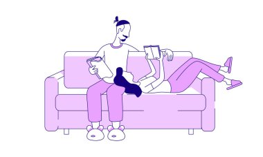 Çift yarı düz renk vektör karakterleri okuyor. Poz figürleri. Beyazın üstüne tüm vücudu olan insanlar. Web grafik tasarımı ve animasyonu için basit çizgi film stili illüstrasyonunu birlikte geçirin
