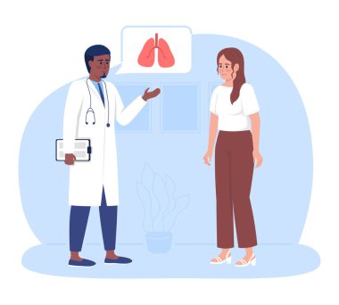 Ciğerlerini kontrol etmek için doktoru ziyaret eden kadın 2D vektör izole çizimi. Karikatür arka planında tıbbi danışmanlık düz karakterler. Cep telefonu, web sitesi, sunum için hastane renkli sahne
