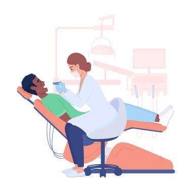 Diş ağrısı ve yarı düz renk vektör karakterli bir dişçi. Poz figürleri. Beyazın üstüne tüm vücudu olan insanlar. Web grafik tasarımı ve animasyonu için basit tıp çizgi film stili çizimi