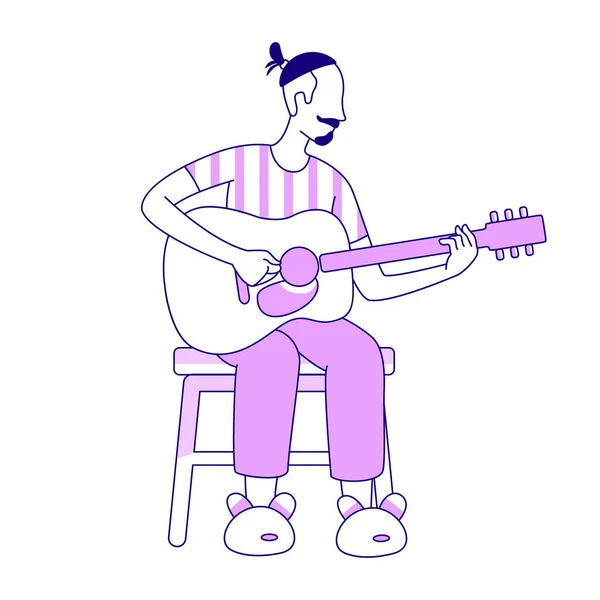 男子弹吉他半扁平的颜色矢量字符 全身白皙的人用于网页平面设计和动画的家居风格简单的卡通画 — 图库矢量图片