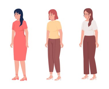 Farklı duygusal durumlara sahip kadınlar yarı düz renk vektör karakterleri seti. Ayakta duran figürler. Beyazın üstüne tüm vücudu olan insanlar. Web grafik tasarımı ve animasyon paketi için basit çizgi film stili çizimi