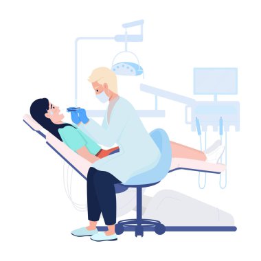 Dişçi randevusundaki gergin hasta yarı düz renk vektör karakterler. Poz figürleri. Beyazın üstüne tüm vücudu olan insanlar. Web grafik tasarımı ve animasyonu için basit tıp çizgi film stili çizimi