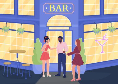 Bar girişinin yanında duran genç insanlar düz renk vektör çizimleri. Gece hayatı ve eğlence. Tamamen düzenlenebilir 2D basit çizgi film karakterleri ve arka planda şehir manzarası. Kullanılan Cardo yazı tipi