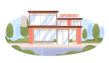 Cam cepheli süpermarket binası 2D vektör izole edilmiş. Çizgi film arka planında düz şehir manzarası. Mobil, web sitesi, sunum için rengarenk sahneler. Kullanılan Bebas Neue yazı tipi