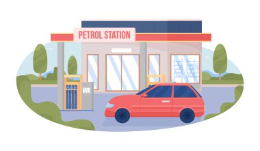 Benzin istasyonundaki araba 2D vektör izole edilmiş. Çizgi film arka planında servis dairesi manzarası dolduruluyor. Mobil, web sitesi, sunum için kentsel renkli düzenlenebilir sahne. Kullanılan Bebas Neue yazı tipi