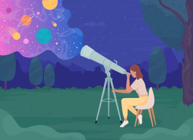 Teleskopla gökcisimlerine bakan genç bir astronom düz renk vektör çizimine bakıyor. Bilim ve hobi. Tam olarak düzenlenebilir 2B basit çizgi film karakteri ve gece gökyüzü arka planda