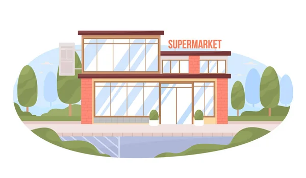 Szupermarket Épület Üveg Homlokzat Vektor Elszigetelt Illusztráció Lapos Városkép Rajzfilm — Stock Vector