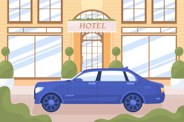 シティストリートフラットカラーベクトルイラスト上のホテルの建物の近くの高級車 アップグレードサービス 背景に建築と完全に編集可能な2Dシンプルな漫画の街並み タペストリー正規フォント使用 — ストックベクタ