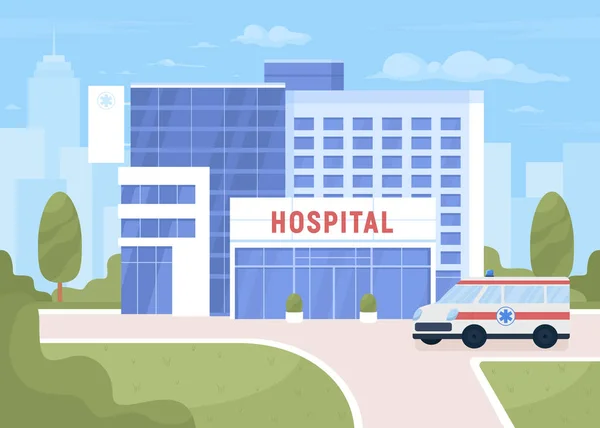 城市街道上医院附近的救护车平面彩色矢量图解 专业医疗服务 完全可编辑的二维简单的卡通城市景观与建筑物为背景 Akrobat字体使用 — 图库矢量图片