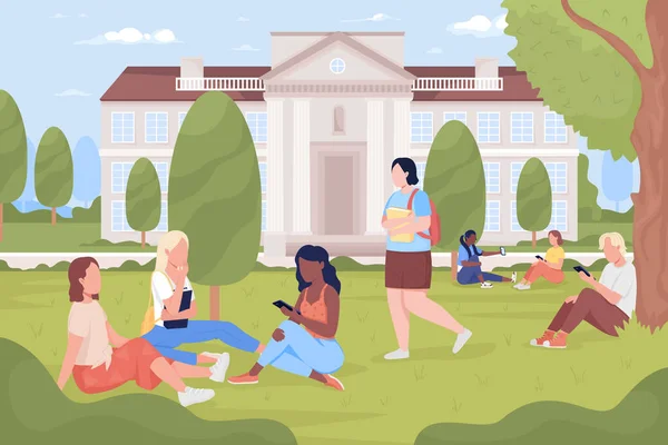 学生们休息在大学公园的平面彩色矢量插图 城市大学校园 教育机构 基于背景的完全可编辑的2D简单卡通人物 — 图库矢量图片