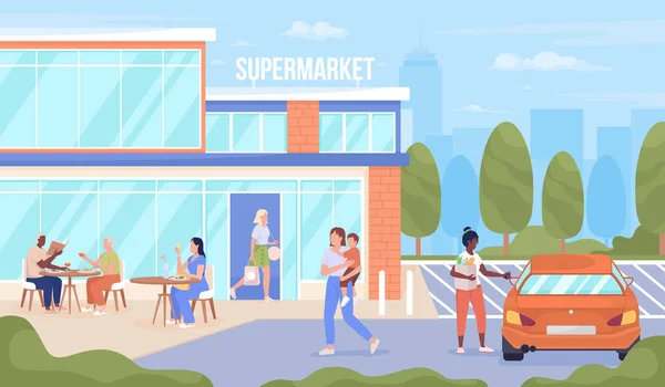 Personas Que Visitan Supermercado Urbano Ilustración Vectorial Color Plano Comestibles — Vector de stock