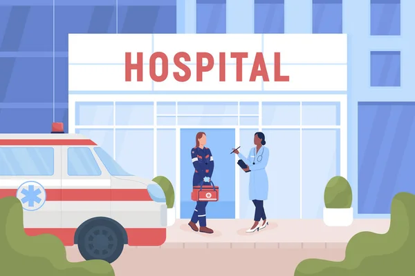 Médicos Perto Edifício Hospital Rua Ilustração Vetorial Cor Plana Serviço — Vetor de Stock