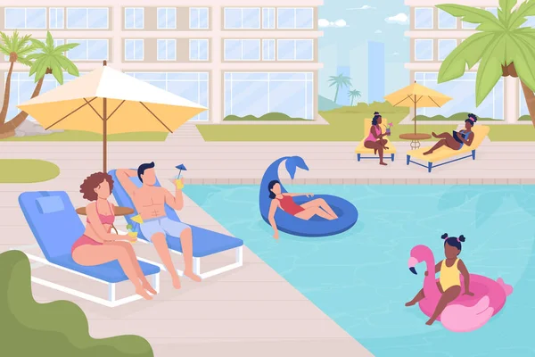 人们休息在室外的公共游泳池边平面彩色矢量插图 夏天的娱乐 完全可编辑的二维简单卡通人物与城市为背景 Bebas Neue字体使用 — 图库矢量图片