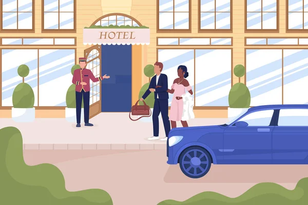 Receptionist Hälsning Gäster Lyxhotell Platt Färg Vektor Illustration Exklusiv Livsstil — Stock vektor