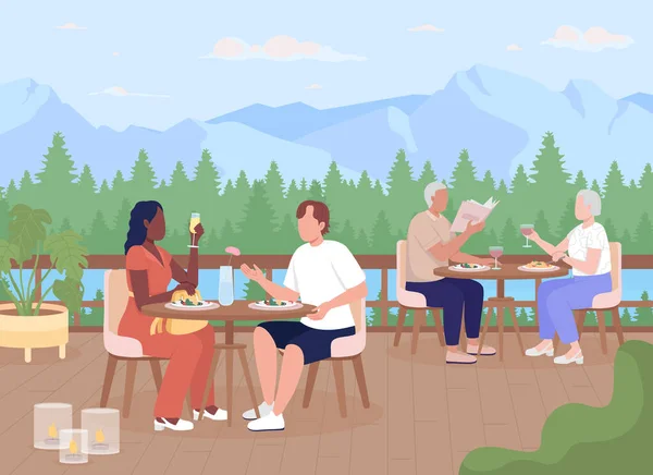 マウンテンリゾートフラットカラーベクトルイラストでディナーをお楽しみください オープンカフェテラスでお休みの方 背景に遠くの丘を持つ完全に編集可能な2Dシンプルな漫画のキャラクター — ストックベクタ