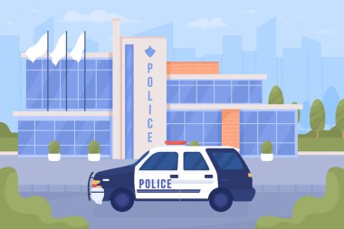 Police car and office on city street flat color vector illustration. Urban service against criminal actions. Fully editable 2D simple cartoon cityscape with sky on background. Bebas Neue font used