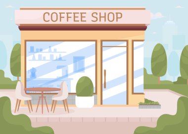 Small coffee shop on city street flat color vector illustration. Neat cafe with glass facade. Fully editable 2D simple cartoon cityscape with urban park on background. Recursive font used