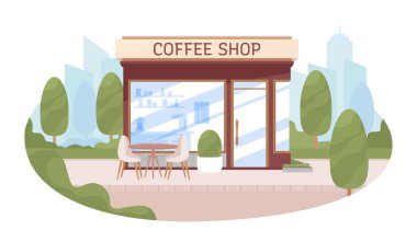 Coffee shop kiosk with empty table 2D vector isolated illustration. Empty flat cityscape on cartoon background. Cafe colourful editable scene for mobile, website, presentation. Recursive font used