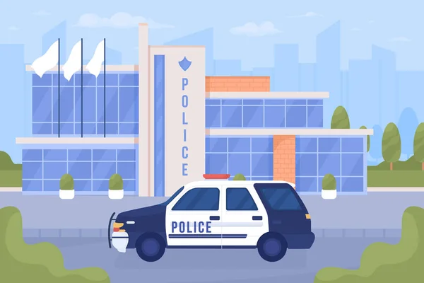 Police Car Office City Street Flat Color Vector Illustration Urban — Stok Vektör