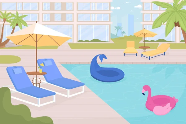 Empty Hotel Poolside Equipment Rest Flat Color Vector Illustration Exotic — Vetor de Stock