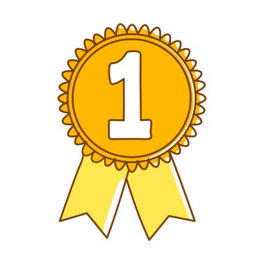 Birincilik ödülü yarı düz renk vektör nesnesi. Tam boy beyaz. Şampiyonluk kupası. Altın madalya. Yarışma galibi web grafik tasarımı ve animasyonu için basit çizgi film stili çizimi