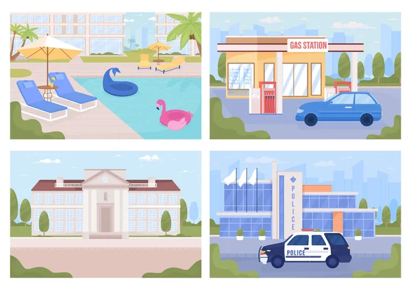 Moderna Vista Ciudad Conjunto Ilustraciones Vectoriales Color Plano Junto Piscina — Vector de stock