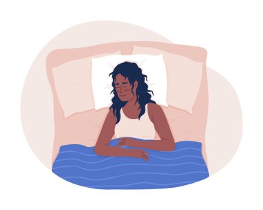 Arkada rahat bir uyku 2B vektör izole illüstrasyon. Karikatür arka planında düz karakterli barışçıl bir kadın. Sıcak bir atmosfer. Mobil, web sitesi, sunum için renkli düzenlenebilir sahne