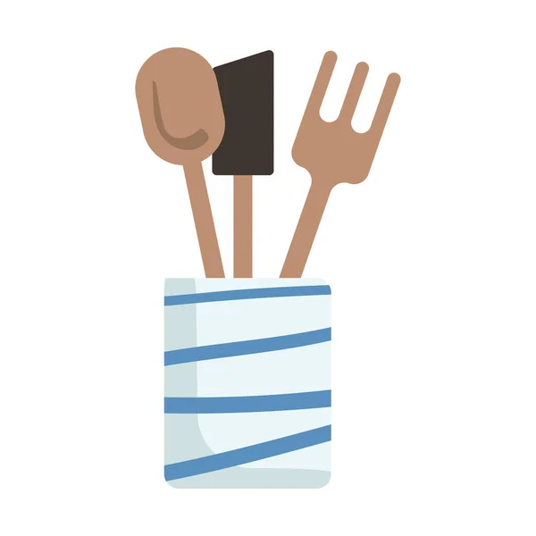 厨房用具半平色矢量对象 全尺寸的白色项目 Spatula和勺子 准备食物在家里为网页平面设计和动画制作简单的卡通风格插图 — 图库矢量图片