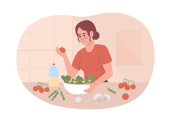 用新鲜蔬菜和蛋黄酱制作沙拉2D载体分离图解 女士烹饪厨房平面人物卡通背景 多彩的可编辑的网站场景 — 图库矢量图片