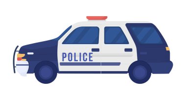 Polis arabası yarı düz renk vektör nesne. Düzenlenebilir figür. Tam boy beyaz. Şehir Güvenlik Servisi web grafik tasarımı ve animasyonu için basit bir çizgi film stili çizimi. Kullanılan Bebas Neue yazı tipi