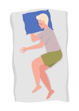 Yastık altında kolları 2D vektör izole edilmiş erkek yatağı çizimi. Çizgi film arka planında yatakta dinlenen bir adam. Mobil, web sitesi, sunum için renkli düzenlenebilir sahne