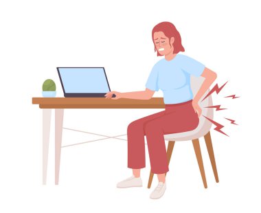 Kadın bütün gün oturduktan sonra sırt ağrısı çekiyor. Yarı düz renk vektör karakter. Düzenlenebilir figür. Beyazın üzerinde tam vücut insan. Web grafik tasarımı ve animasyonu için basit çizgi film stili çizimi