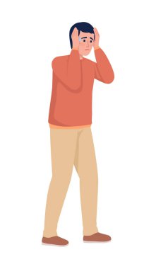 Duygusal şok yaşayan bir adam yarı düz renk vektör karakteri. Düzenlenebilir figür. Panik atak. Beyazın üzerinde tam vücut insan. Web grafik tasarımı ve animasyonu için basit çizgi film stili çizimi