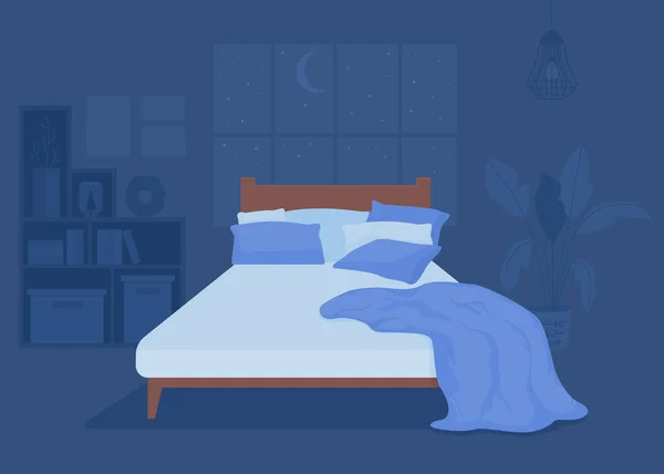 ベッドフラットカラーベクトルイラストが施されていないダークベッドルーム メッシー毛布と枕 発見されたベッド 背景に居心地の良い雰囲気と夜と完全に編集可能な2Dシンプルな漫画のインテリア — ストックベクタ