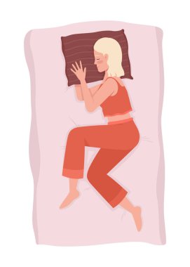 Yastık altında kolları 2D vektör izole edilmiş kadın yan yatağı. Karikatür arka planında, yatakta dinlenen bir kadın. Mobil, web sitesi, sunum için renkli düzenlenebilir sahne