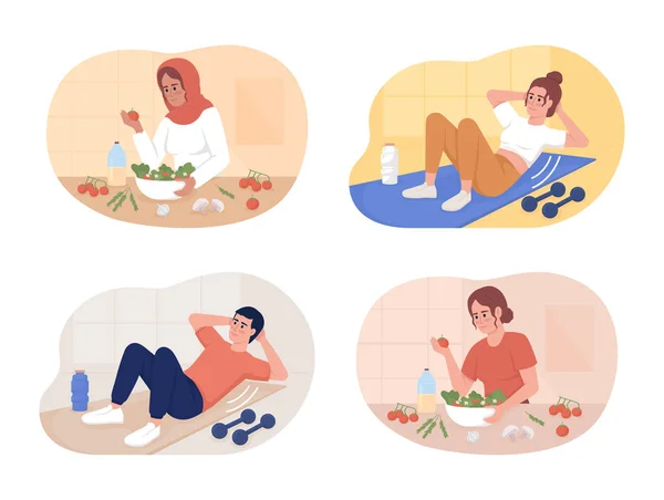 Dieta Sana Esercizio Routine Vettore Isolato Insieme Illustrazione Personaggi Piatti — Vettoriale Stock