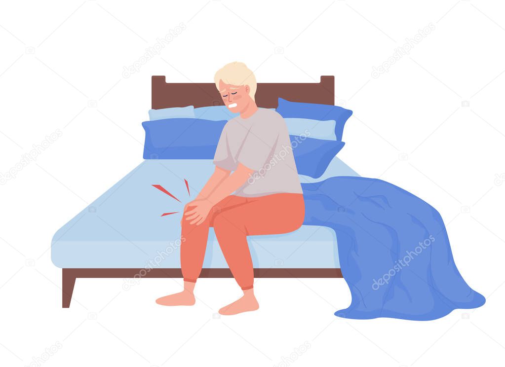 Young man suffering from morning joint pain semi flat color vector character. Editable figure. Full body person on white. Simple cartoon style illustration for web graphic design and animation