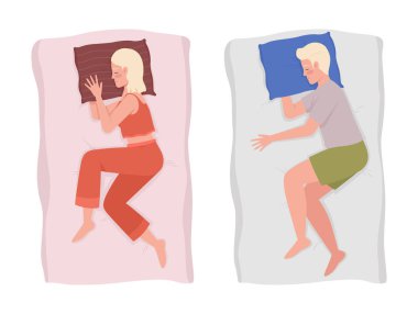 Rahat uyku pozisyonları 2D vektör izole çizim seti. Çizgi film arka planındaki sağ düz karakterlerde rahatlama. Mobil, web sitesi, sunum için renkli düzenlenebilir sahne koleksiyonu