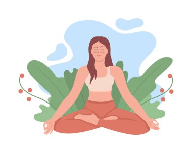 Açık havada meditasyon yapan sakin kadın 2D vektör izole çizimi. Çizgi film arka planında ruhsal düz karakter. Mobil, web sitesi, sunum için yaşam dengesi renkleri düzenlenebilir sahne