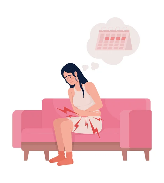 Menina Que Sofre Cãibras Menstruais Insuportáveis Personagem Vetor Cor Semi —  Vetores de Stock