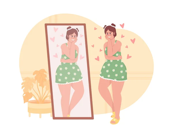 Happy Plump Woman Looking Mirror Vector Isolated Illustration Lady Curvy — Stock Vector