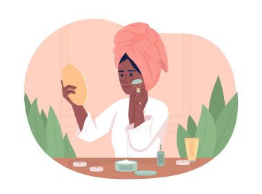 Evde yüz silindiri kullanan bir kadın 2D vektör izole edilmiş. Çizgi film arka planında yüz masajı. Mobil, web sitesi, sunum için kozmetoloji renkli düzenlenebilir sahne