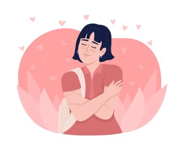 Kendini 2D vektör izole edilmiş resimle kucaklayan sakin bir kadın. Çizgi film arka planında pozitif düz karakter. Mobil, web sitesi, sunum için sağlıklı özgüven renkli düzenlenebilir sahne
