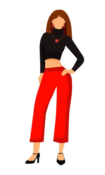 红色作物顶部的女模和红色裤子的半平色矢量字符 站立的身材 全身白皙的人用于网页平面设计和动画的简单卡通风格图解 — 图库矢量图片