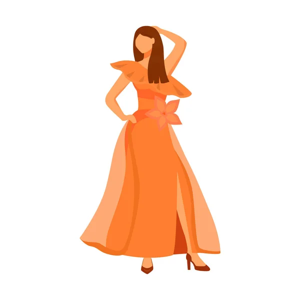 Mujer Posando Usando Ondulado Maxi Vestido Semi Plana Vector Color — Vector de stock