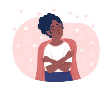 2D vektör izole resimle kendini kucaklayan sakin kadın. Çizgi film arka planında kendini kabul eden düz karakter. Mobil, web sitesi, sunum için rengarenk bir sahne