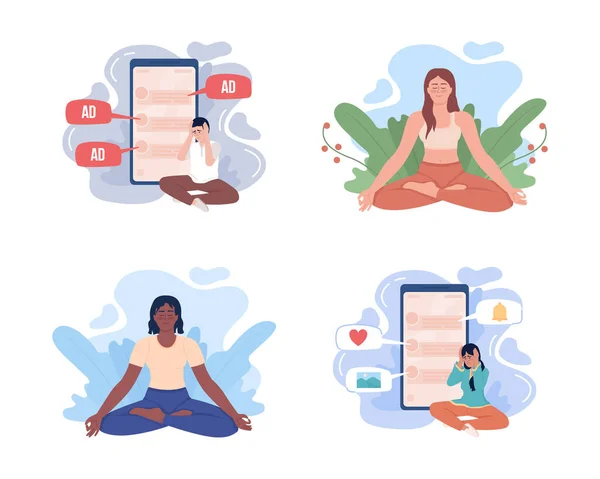 Conjunto Ilustraciones Aisladas Vector Mindfulness Adicción Internet Personajes Planos Sobre — Archivo Imágenes Vectoriales