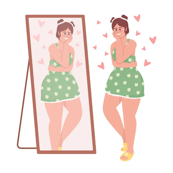 Happy Curvy Woman Looking Mirror Semi Flat Color Vector Character — Stock Vector
