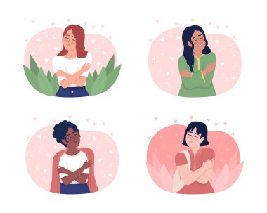 Kendinizi 2D vektör izole çizimler setiyle sevin. Çizgi film arka planında mutlu düz karakterler. Cep telefonu, web sitesi, sunum koleksiyonu için kendi kendine kabul edilebilir renkli düzenlenebilir sahneler