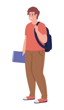 Yarı düz renk vektör karakterli gülümseyen genç çocuk. Düzenlenebilir figür. Beyazın üzerinde tam vücut insan. Okula dönelim. Web grafik tasarımı ve animasyonu için basit çizgi film stili çizimi